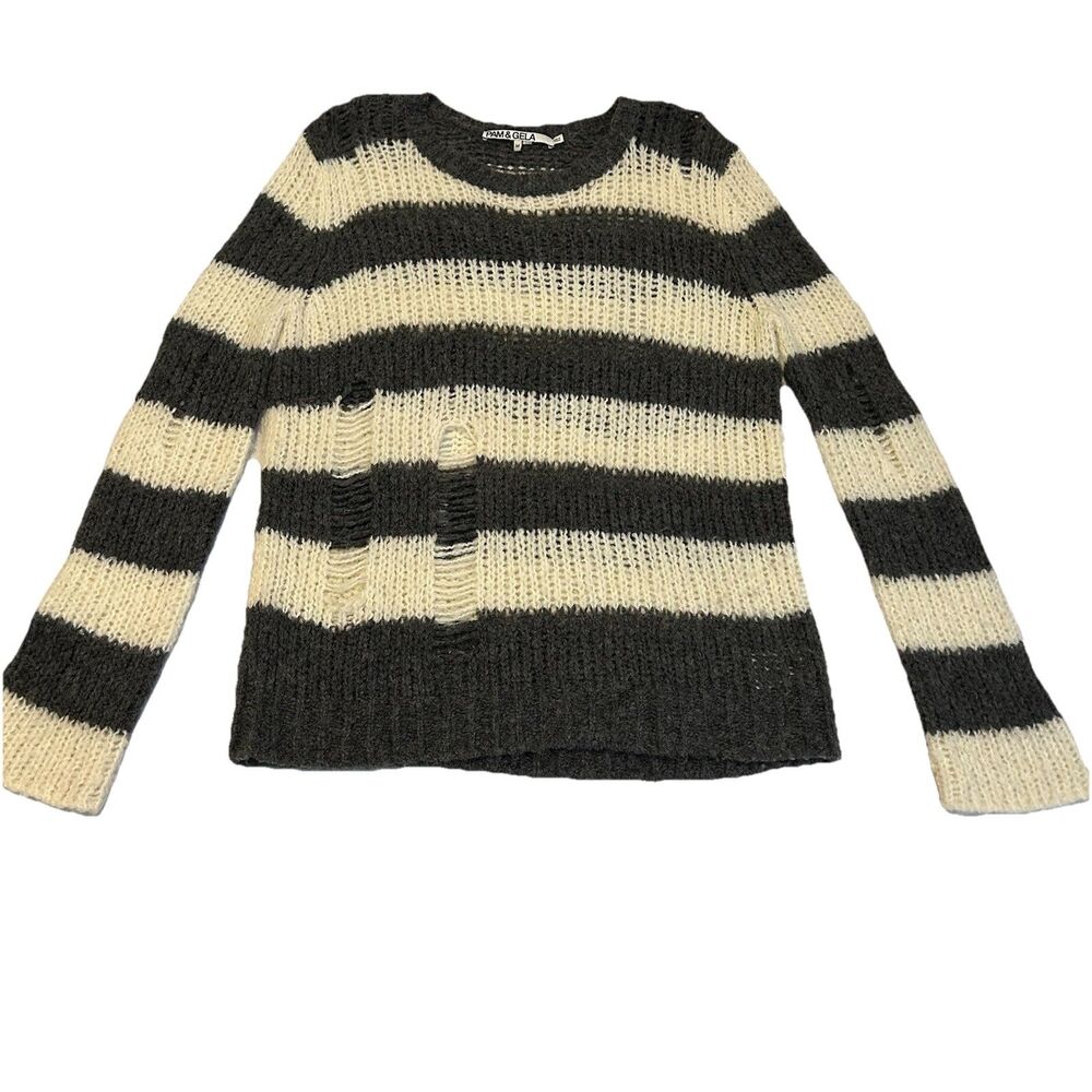 Pam and Gela Distressed Sweater Striped Crew Neck Cozy Lounge - Size Medium